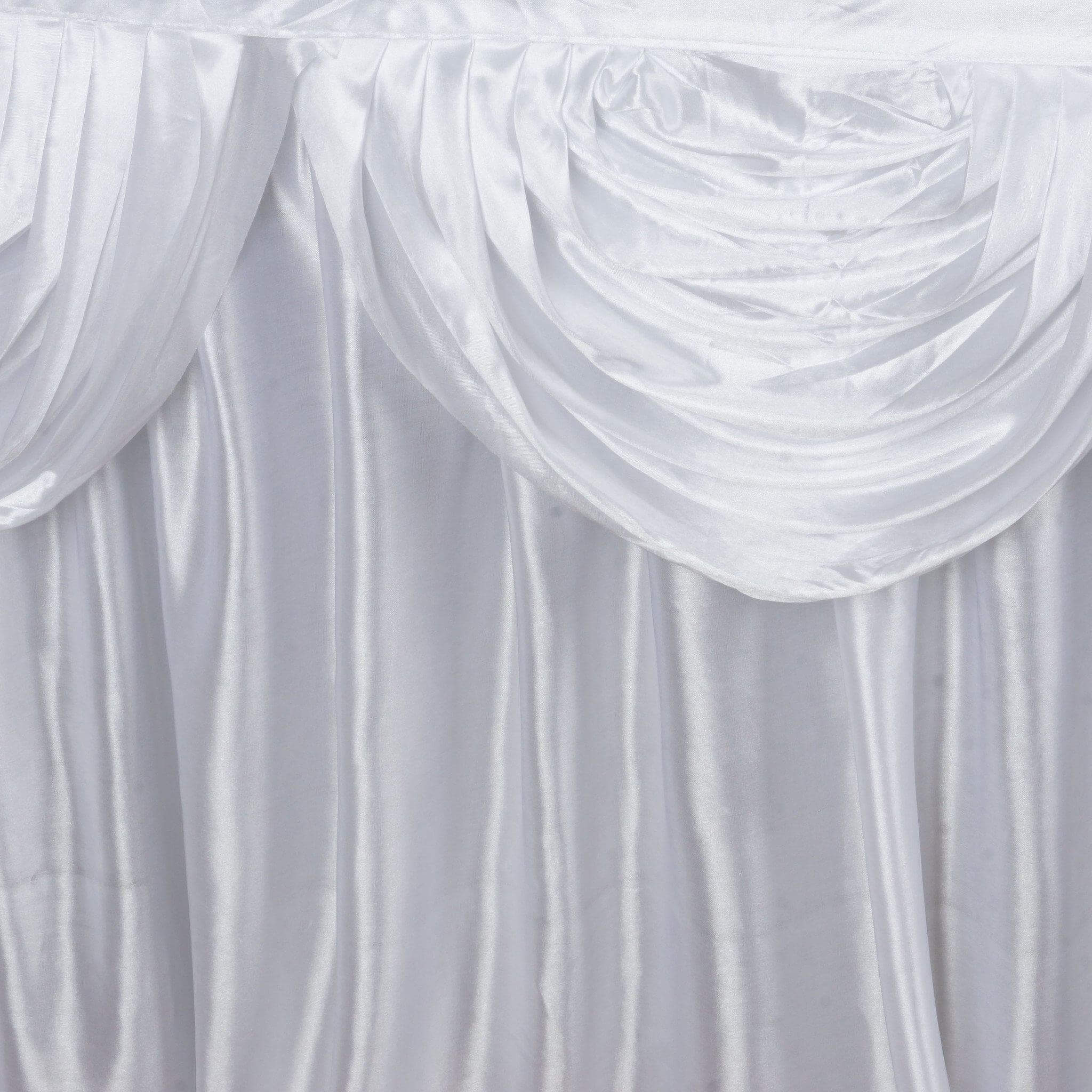 Satin 14ft Table Skirt White Pleated Double Drape Design - Soft & Graceful for Events - Bell Racket Store