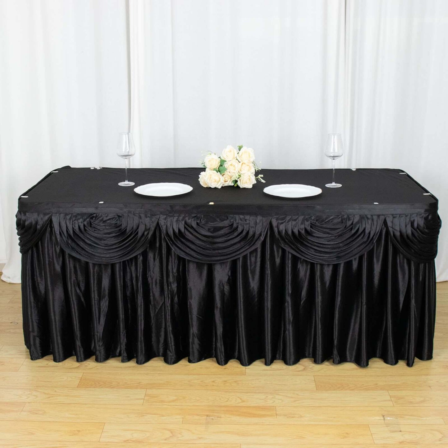 Satin 21ft Table Skirt Black - Pleated Double Drape Table Cover - NestOCart
