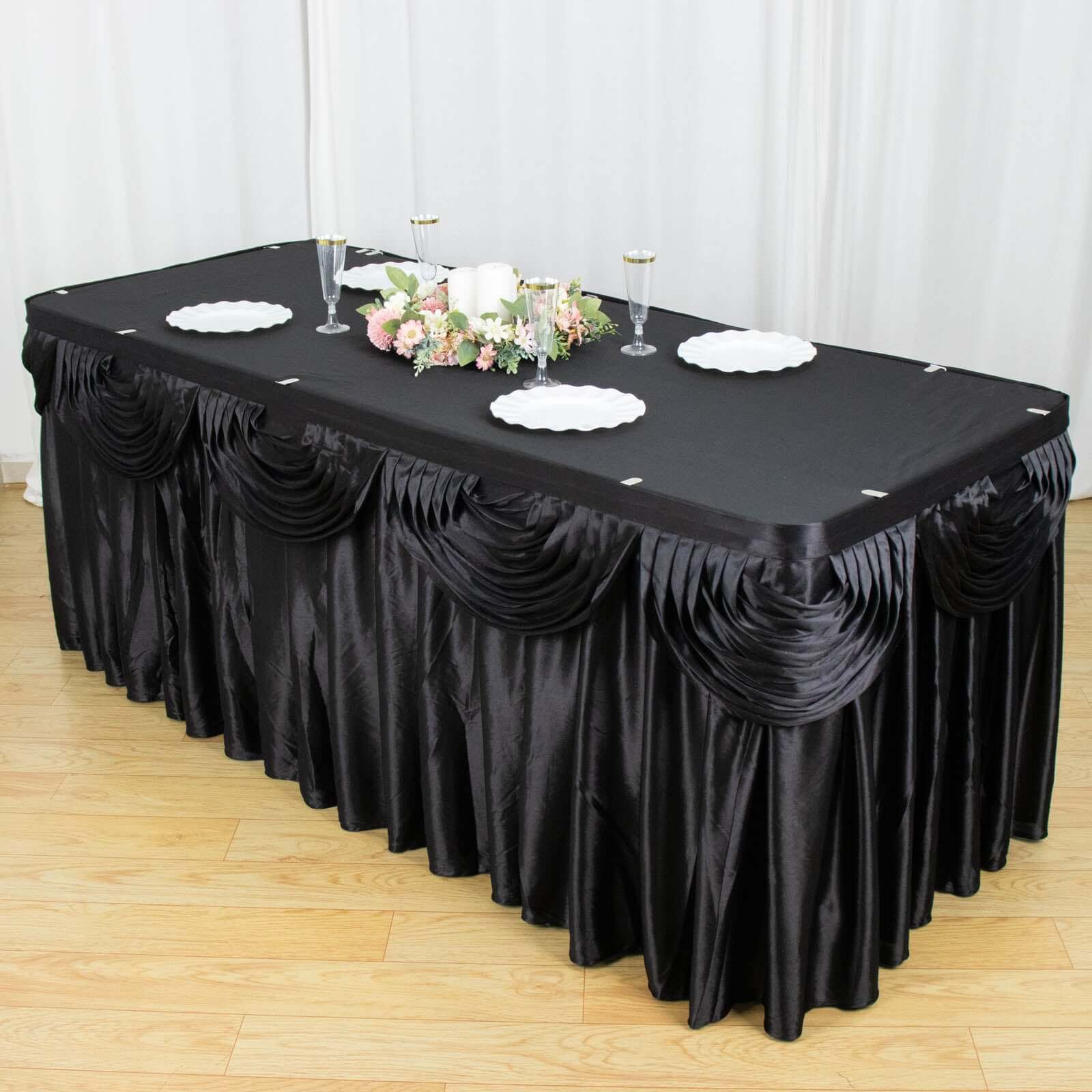 Satin 21ft Table Skirt Black - Pleated Double Drape Table Cover - NestOCart
