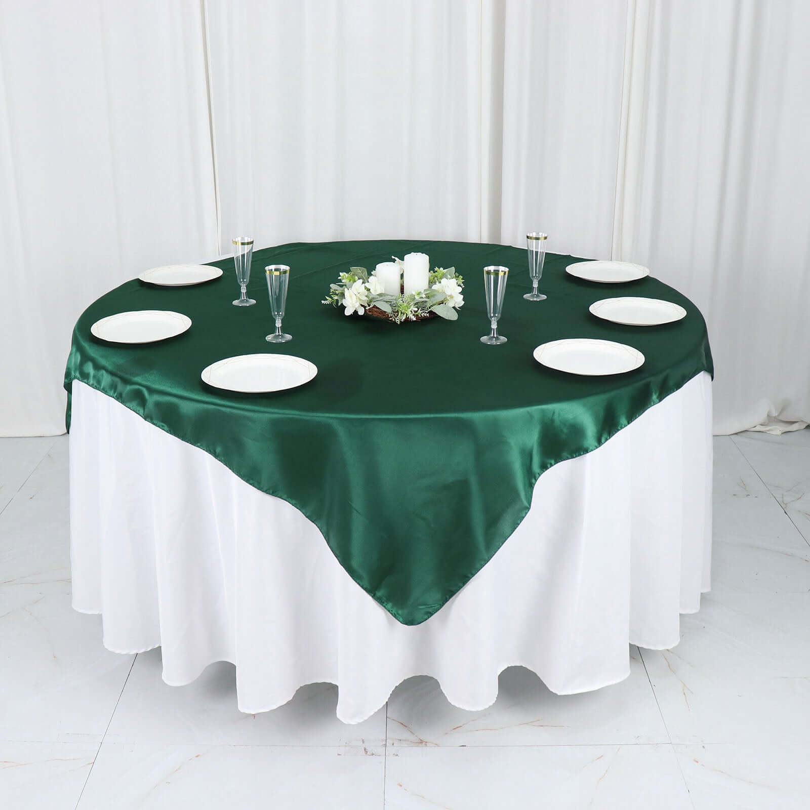 Satin 60"x60" Table Overlay Square Tablecloth Hunter Emerald Green - Smooth Silky Touch Table Cover - Bell Racket Store