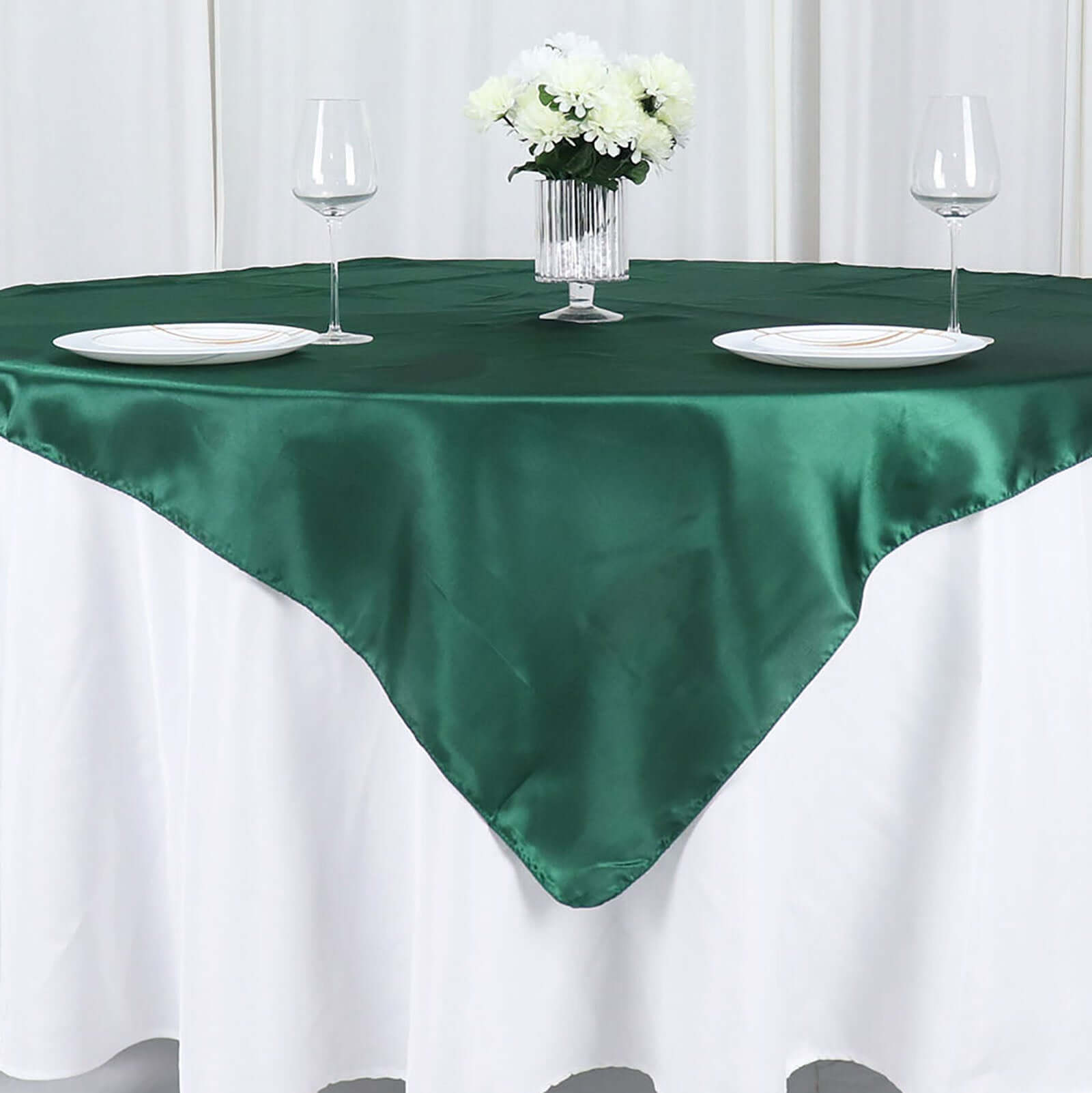 Satin 60"x60" Table Overlay Square Tablecloth Hunter Emerald Green - Smooth Silky Touch Table Cover - Bell Racket Store