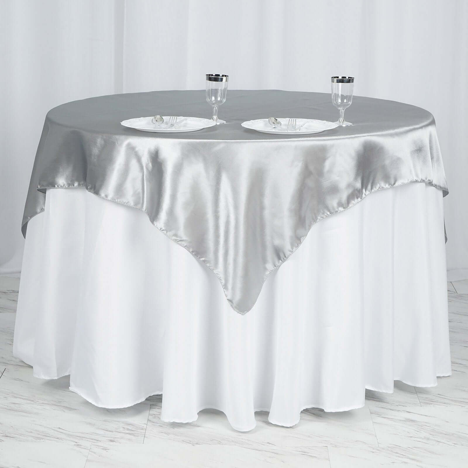 Satin 60"x60" Table Overlay Square Tablecloth Silver - Smooth Silky Touch Table Cover - NestOCart