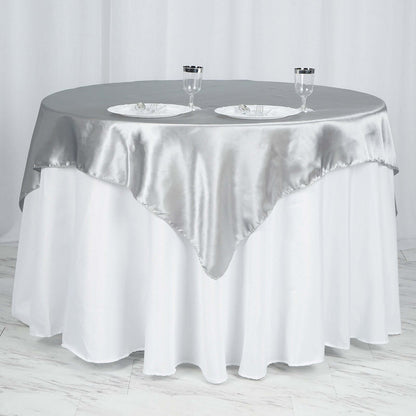 Satin 60"x60" Table Overlay Square Tablecloth Silver - Smooth Silky Touch Table Cover - NestOCart
