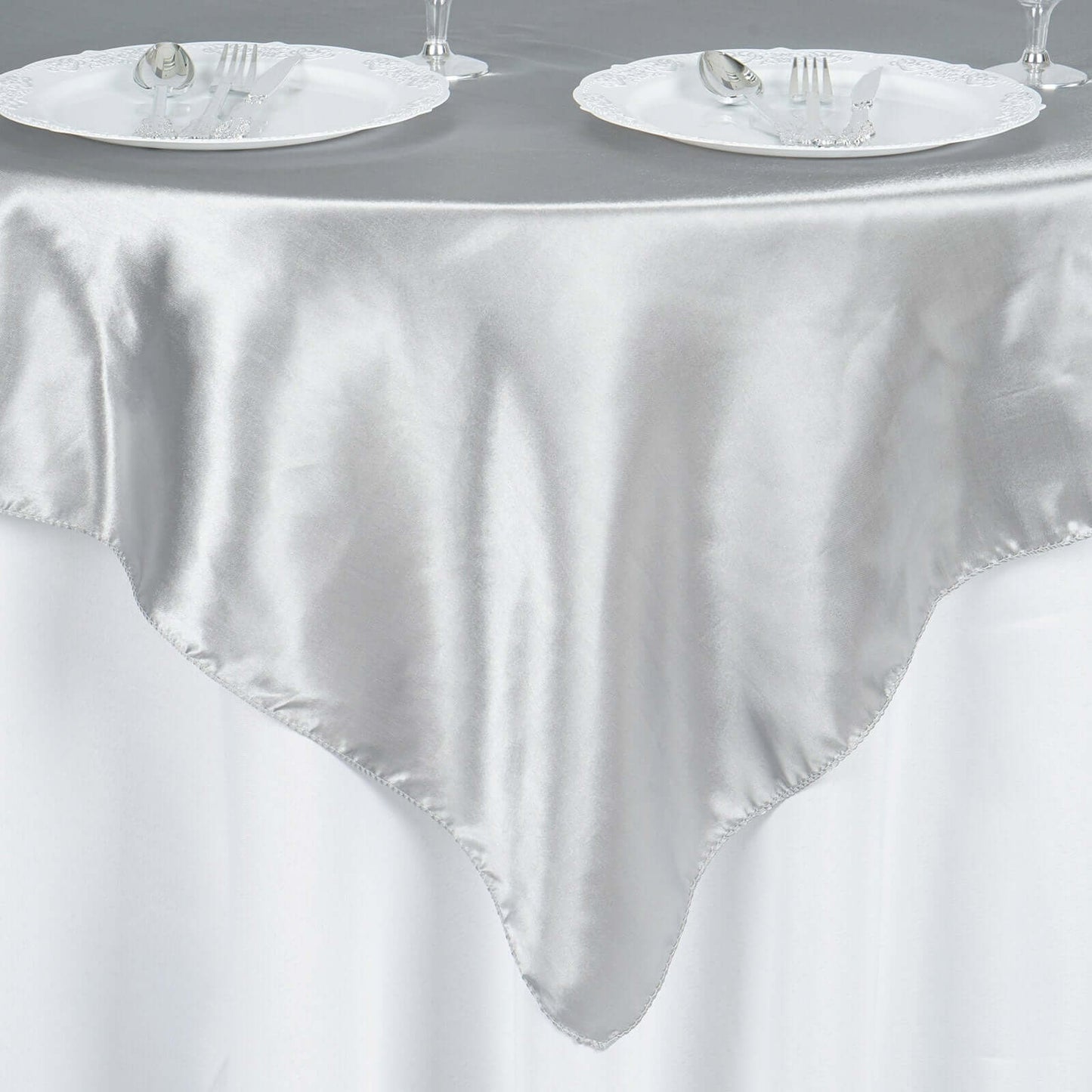 Satin 60"x60" Table Overlay Square Tablecloth Silver - Smooth Silky Touch Table Cover - NestOCart