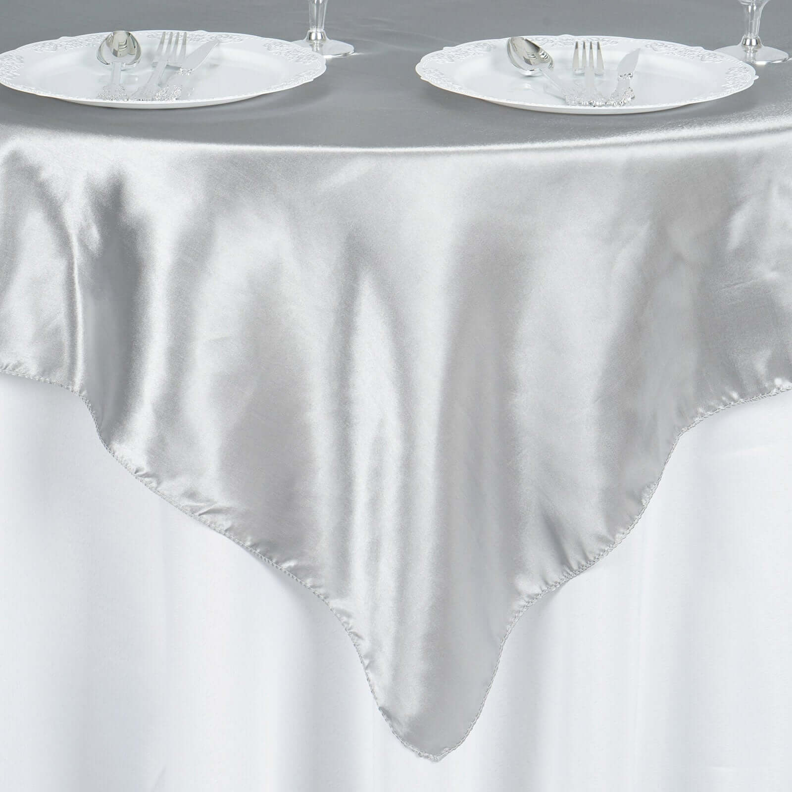 Satin 60"x60" Table Overlay Square Tablecloth Silver - Smooth Silky Touch Table Cover - NestOCart