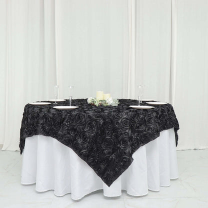 Satin 72"x72" Table Overlay Square Tablecloth Black - 3D Rosette Design for Stylish Occasions - NestOCart