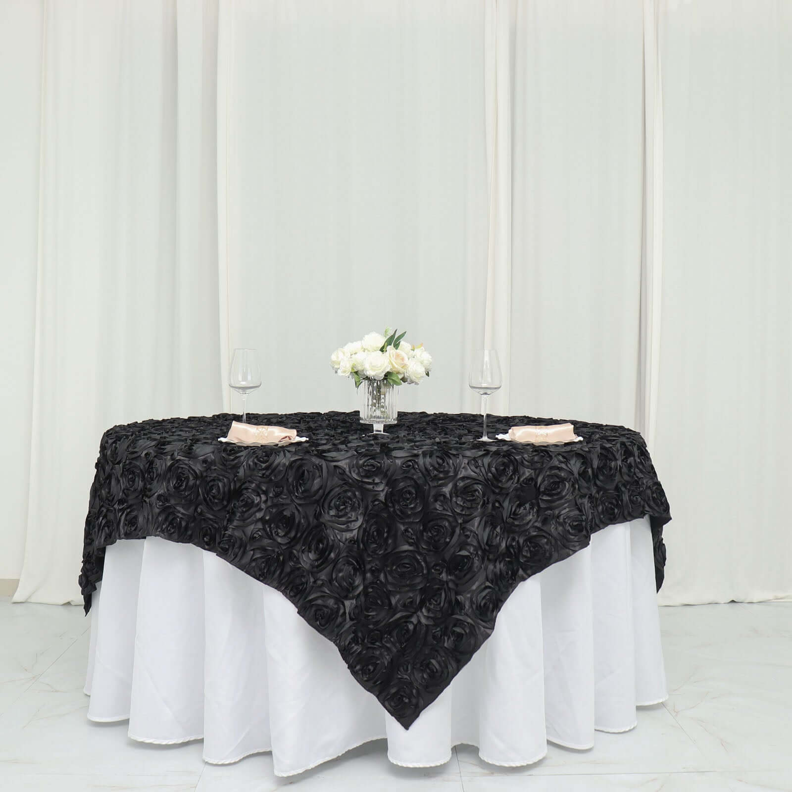 Satin 72"x72" Table Overlay Square Tablecloth Black - 3D Rosette Design for Stylish Occasions - NestOCart