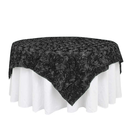 Satin 72"x72" Table Overlay Square Tablecloth Black - 3D Rosette Design for Stylish Occasions - NestOCart