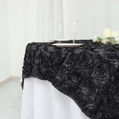 Satin 72"x72" Table Overlay Square Tablecloth Black - 3D Rosette Design for Stylish Occasions - NestOCart