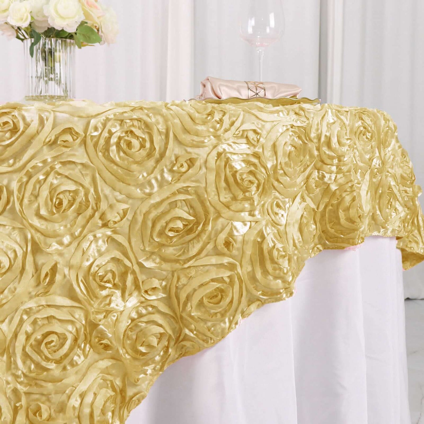 Satin 72"x72" Table Overlay Square Tablecloth Champagne - 3D Rosette Table Cover - NestOCart