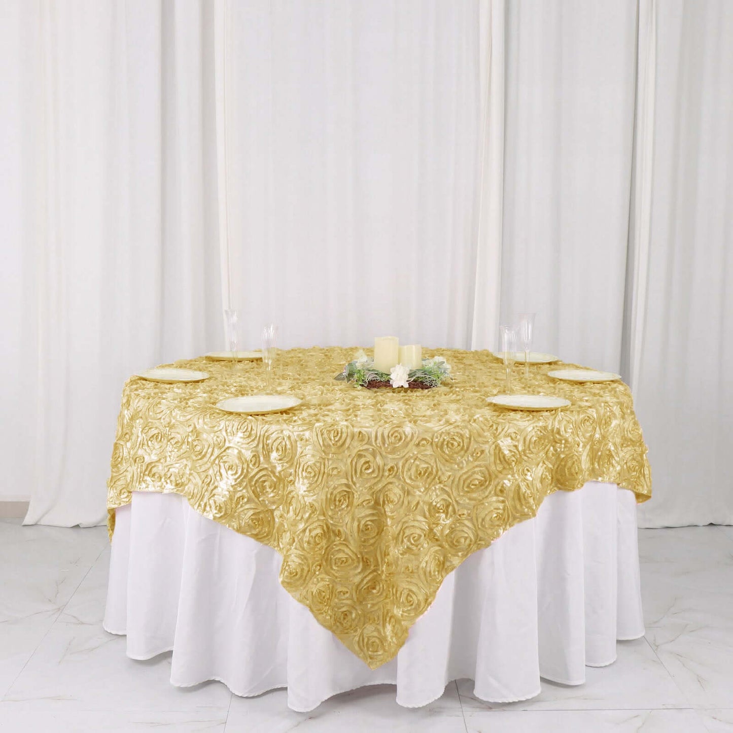 Satin 72"x72" Table Overlay Square Tablecloth Champagne - 3D Rosette Table Cover - NestOCart