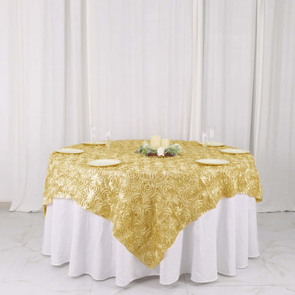 Satin 72"x72" Table Overlay Square Tablecloth Champagne - 3D Rosette Table Cover - NestOCart