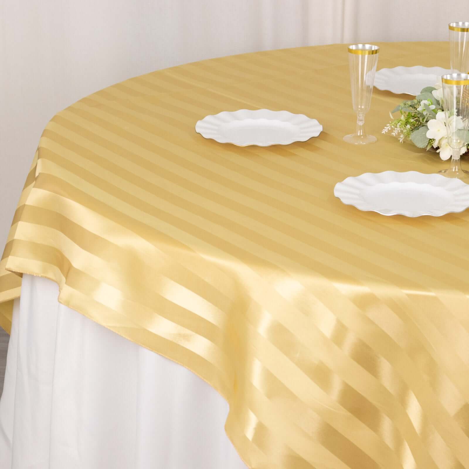 Satin 72"x72" Table Overlay Square Tablecloth Champagne - Stripe Table Topper - Bell Racket Store