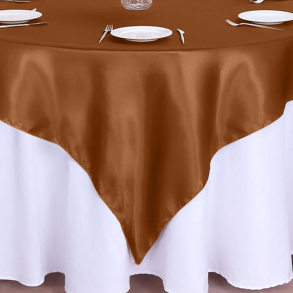 Satin 72"x72" Table Overlay Square Tablecloth Cinnamon Brown - Smooth Finish Table Cover - Bell Racket Store