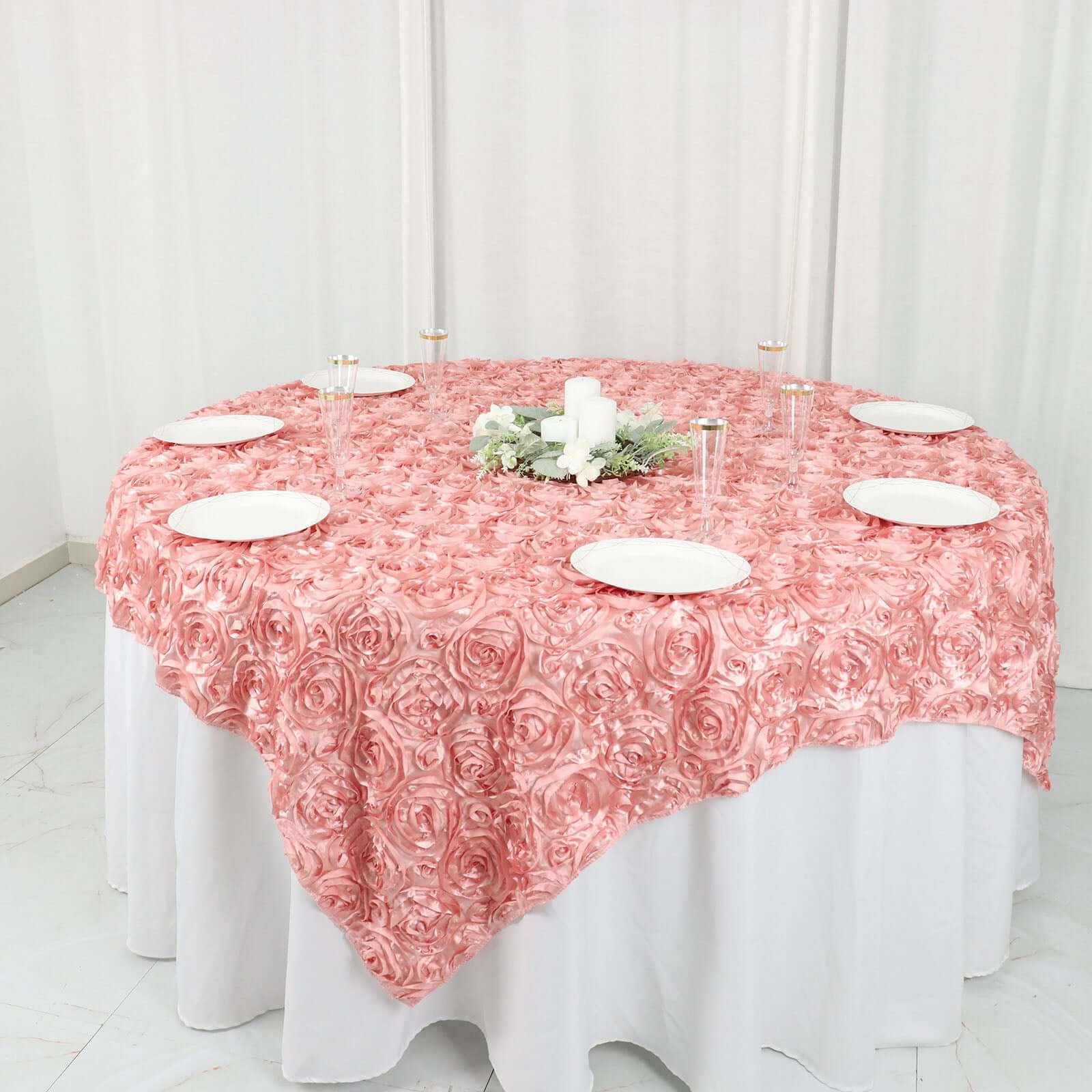 Satin 72"x72" Table Overlay Square Tablecloth Dust Rose - 3D Rosette Table Cover - Bell Racket Store
