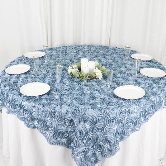 Satin 72"x72" Table Overlay Square Tablecloth Dusty Blue - 3D Rosette Table Cover - Bell Racket Store