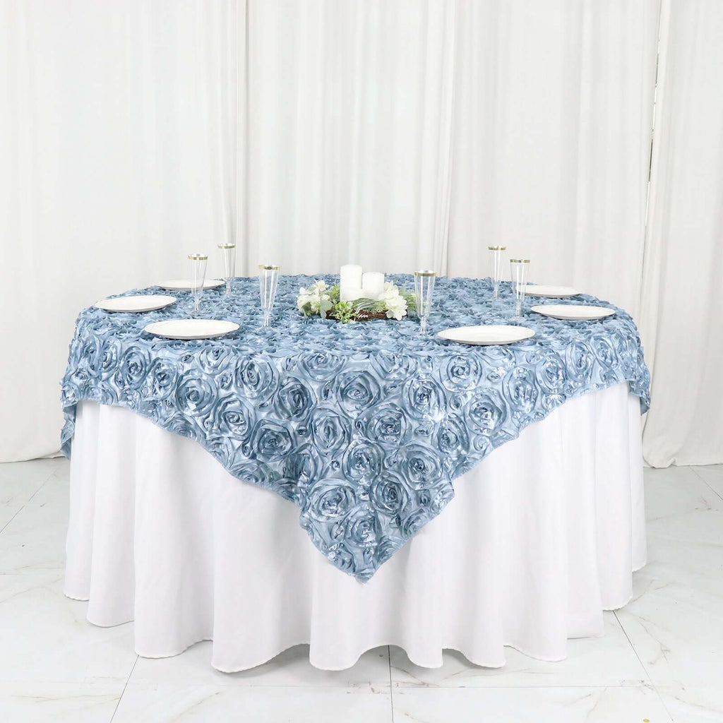 Satin 72"x72" Table Overlay Square Tablecloth Dusty Blue - 3D Rosette Table Cover - Bell Racket Store