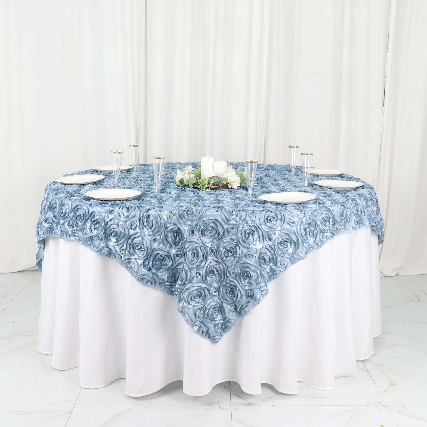Satin 72"x72" Table Overlay Square Tablecloth Dusty Blue - 3D Rosette Table Cover - Bell Racket Store