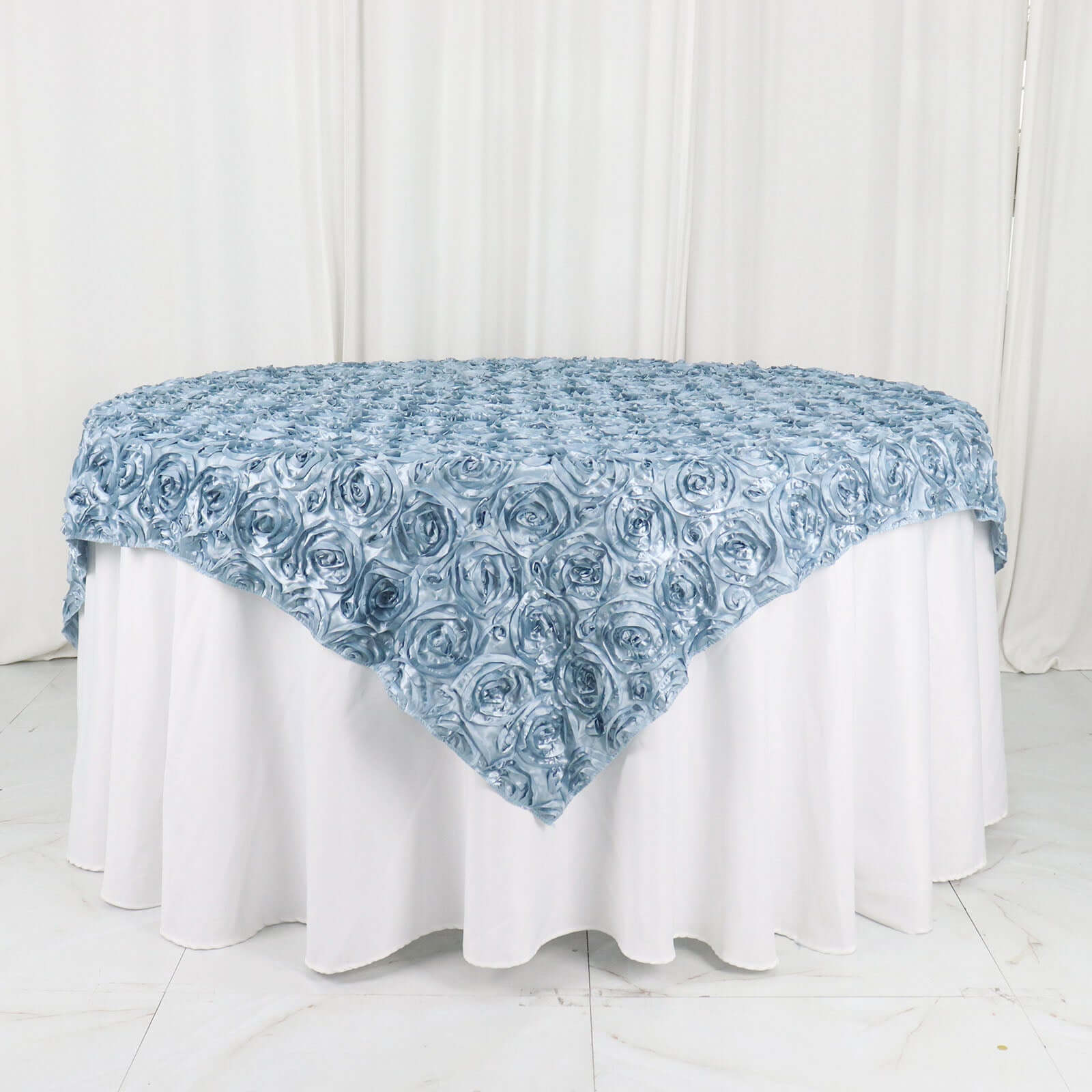 Satin 72"x72" Table Overlay Square Tablecloth Dusty Blue - 3D Rosette Table Cover - Bell Racket Store