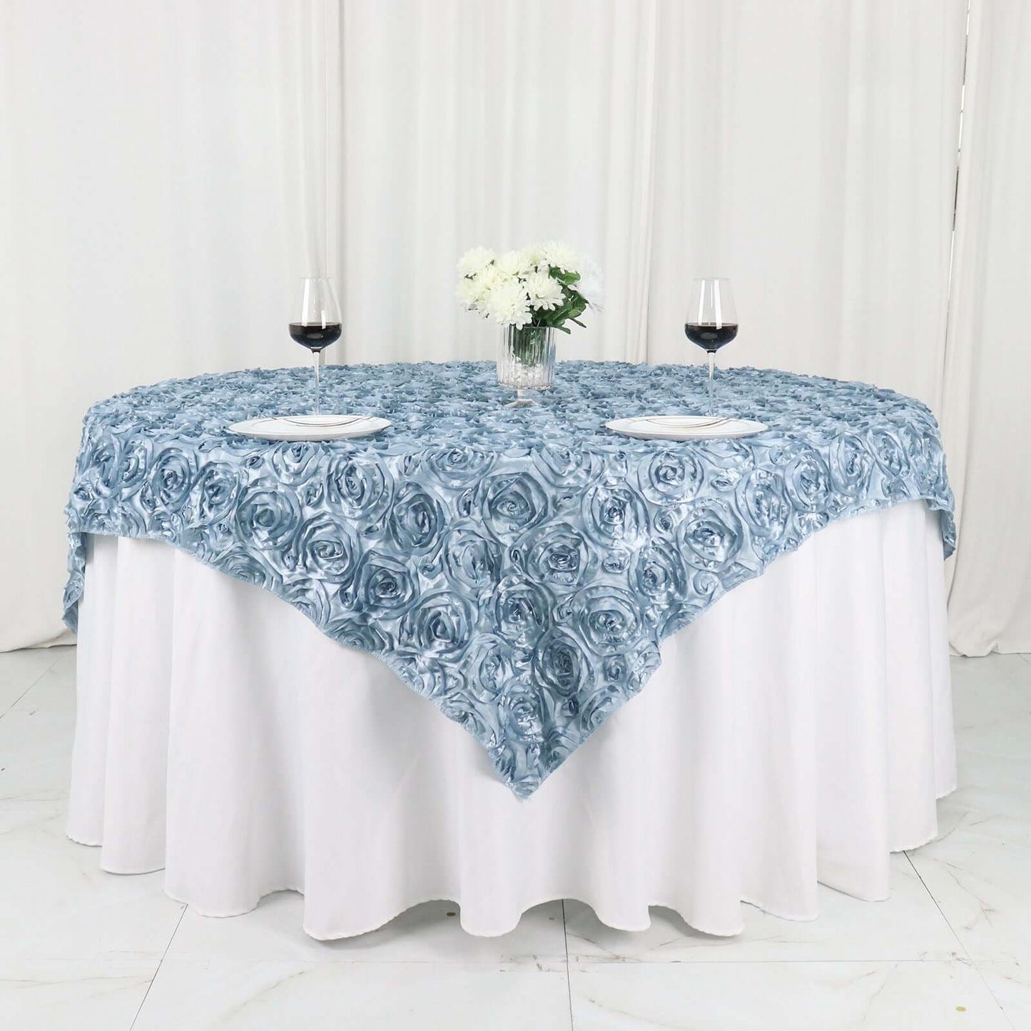 Satin 72"x72" Table Overlay Square Tablecloth Dusty Blue - 3D Rosette Table Cover - Bell Racket Store