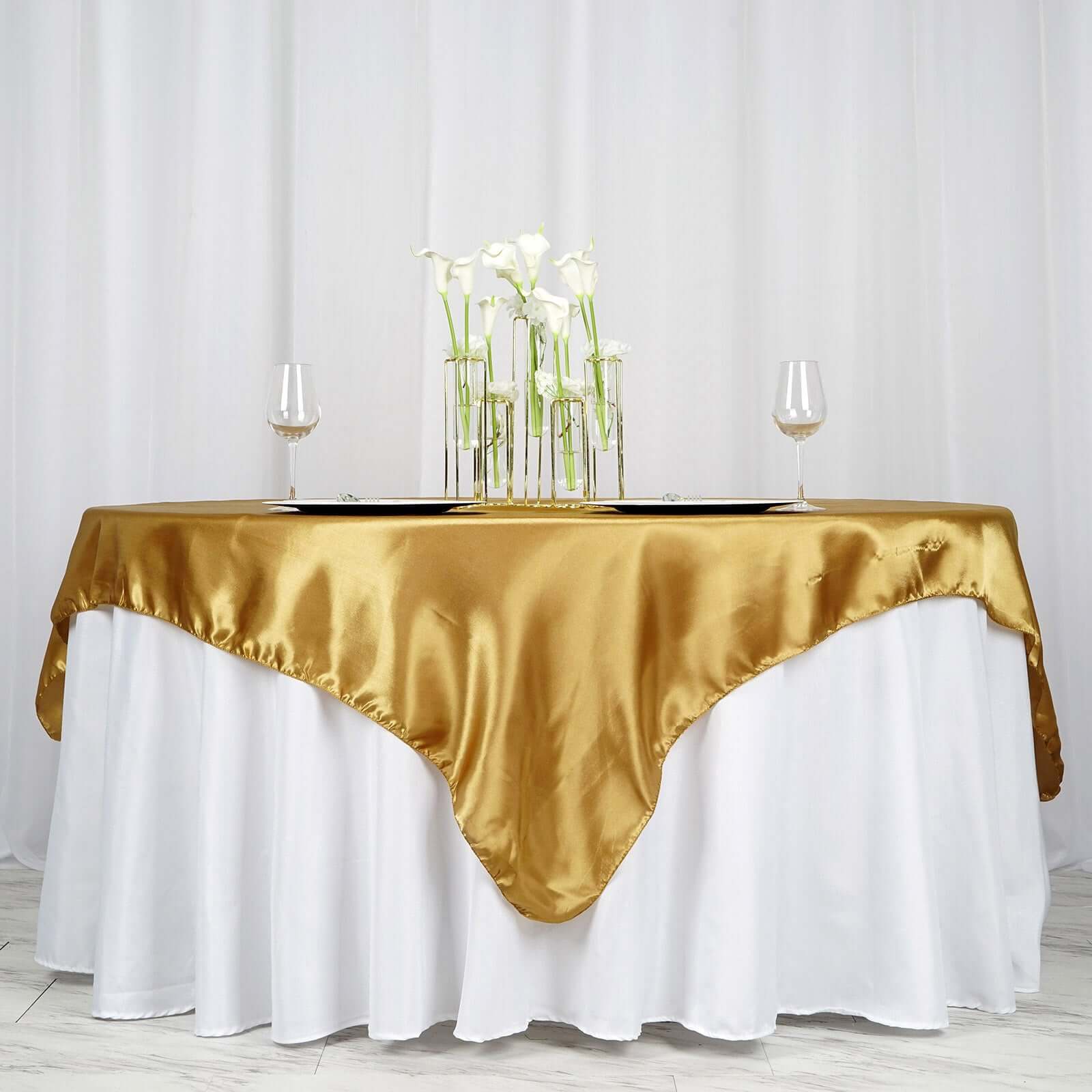 Satin 72"x72" Table Overlay Square Tablecloth Gold - Smooth Finish for Luxurious Events - NestOCart