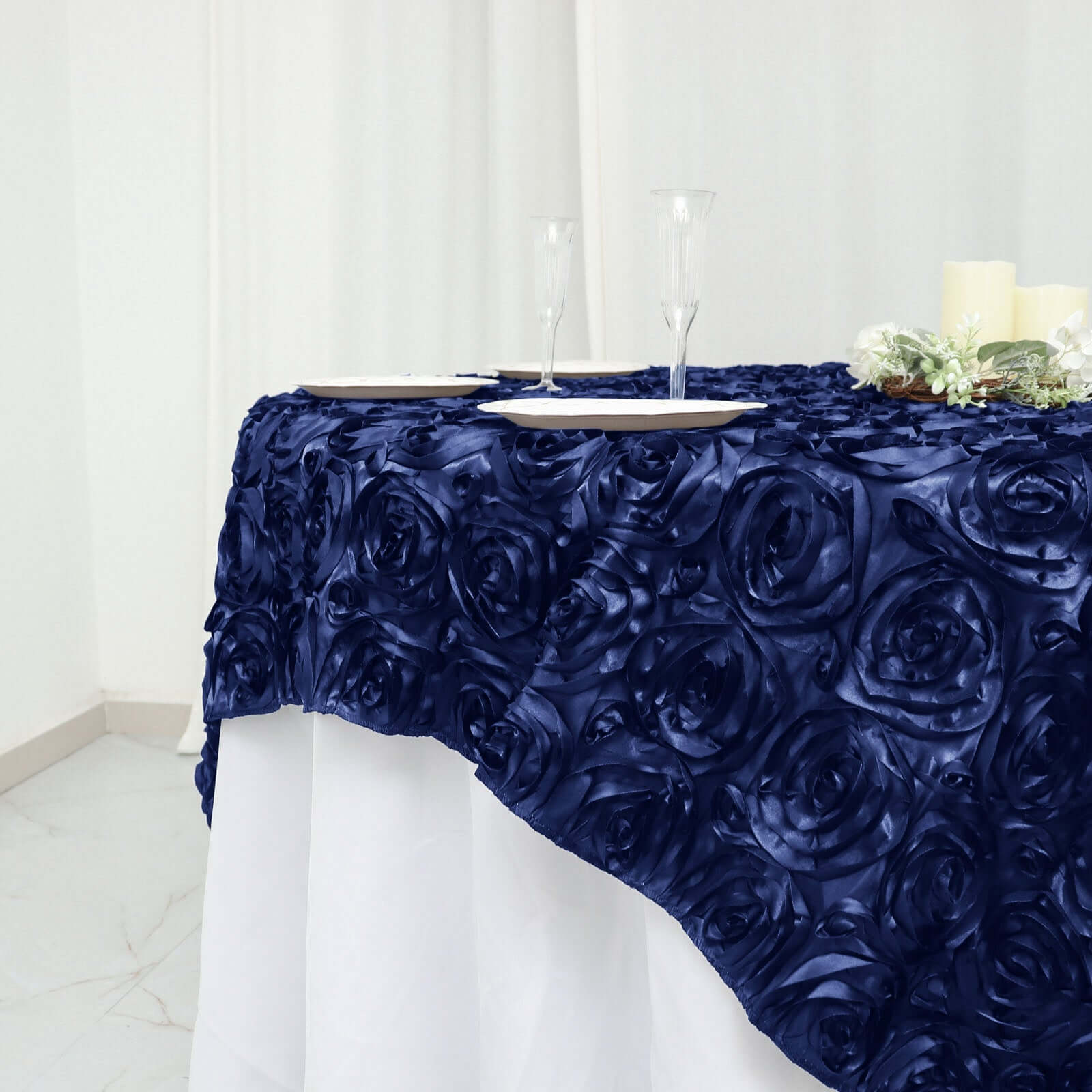 Satin 72"x72" Table Overlay Square Tablecloth Navy Blue - 3D Rosette Table Cover - NestOCart