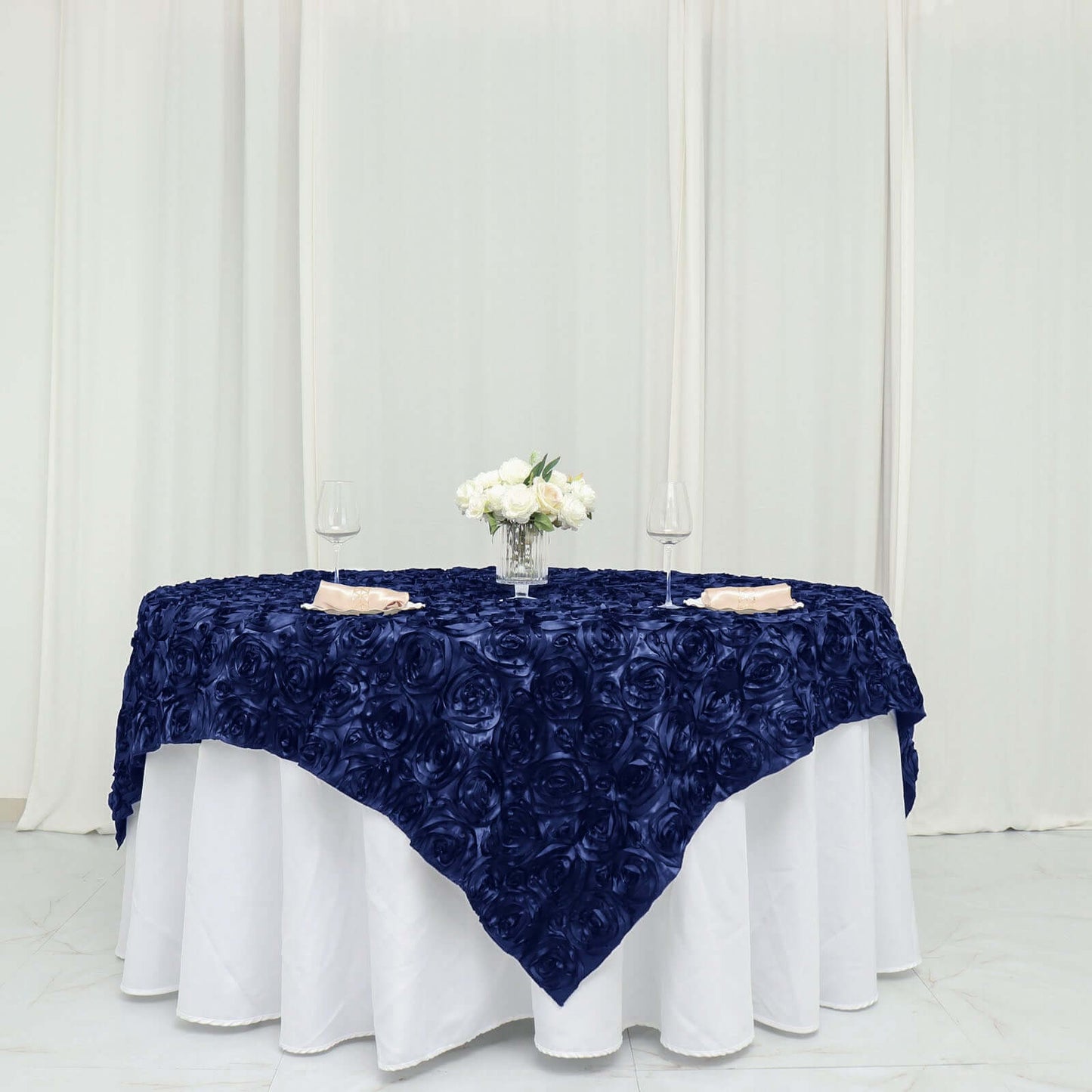 Satin 72"x72" Table Overlay Square Tablecloth Navy Blue - 3D Rosette Table Cover - NestOCart