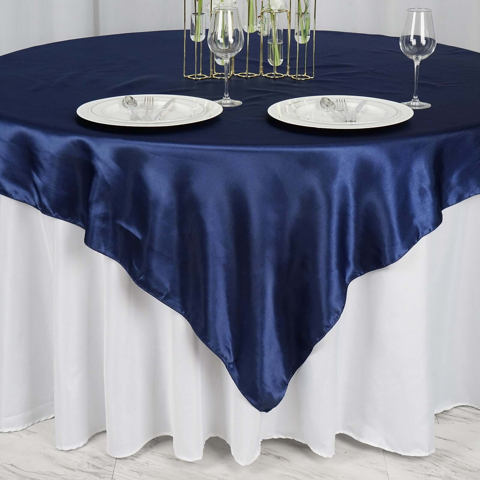 Satin 72"x72" Table Overlay Square Tablecloth Navy Blue - Smooth Finish Table Cover - NestOCart