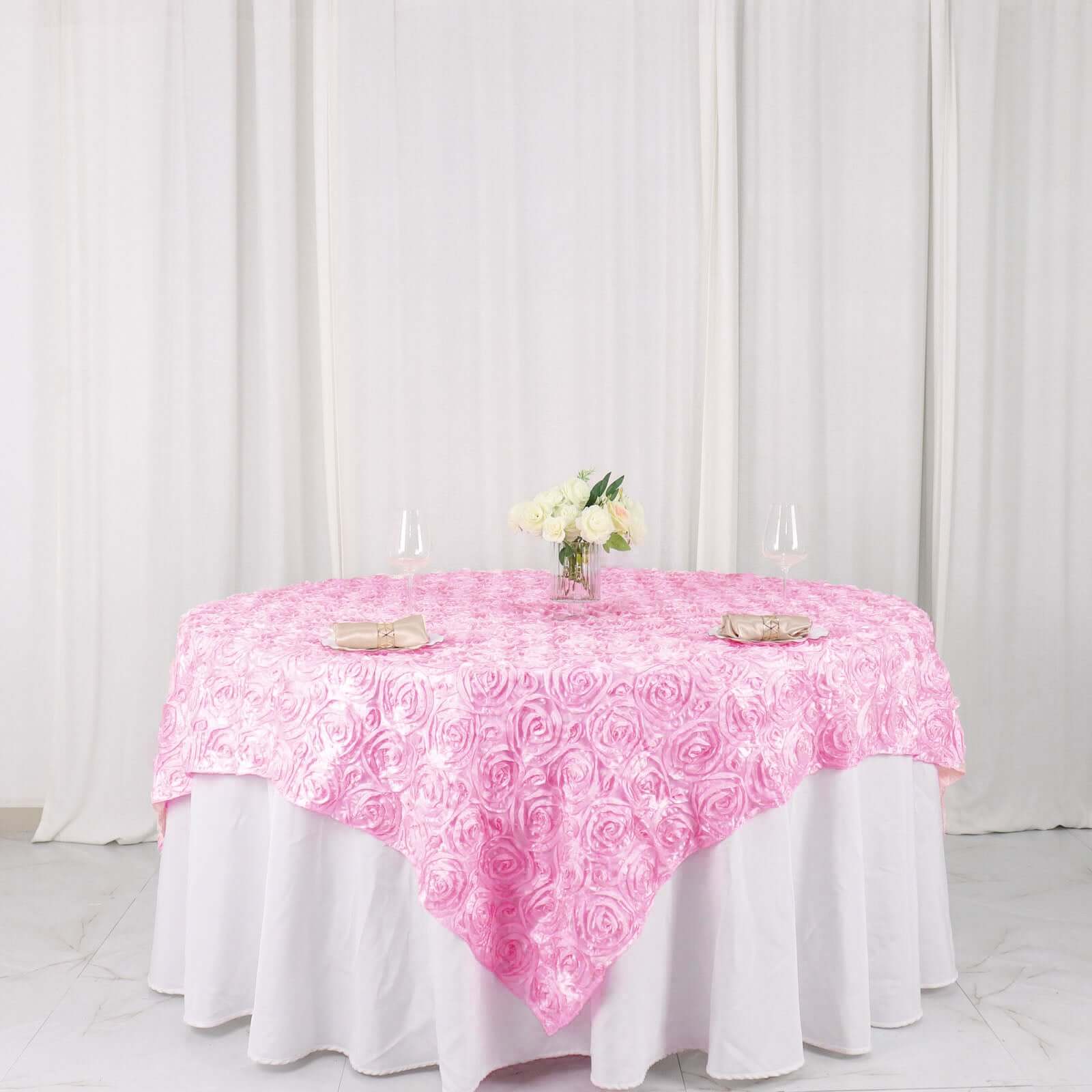 Satin 72"x72" Table Overlay Square Tablecloth Pink - 3D Rosette Table Cover - NestOCart