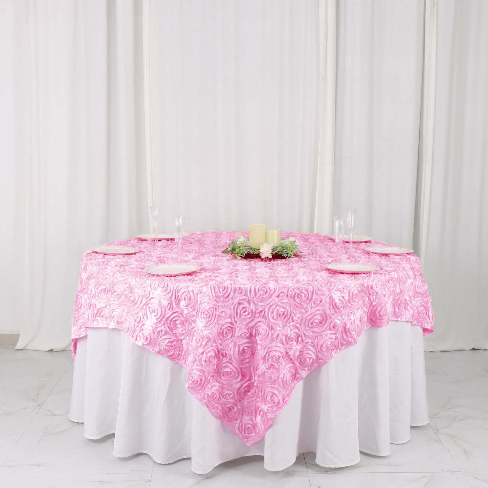Satin 72"x72" Table Overlay Square Tablecloth Pink - 3D Rosette Table Cover - NestOCart