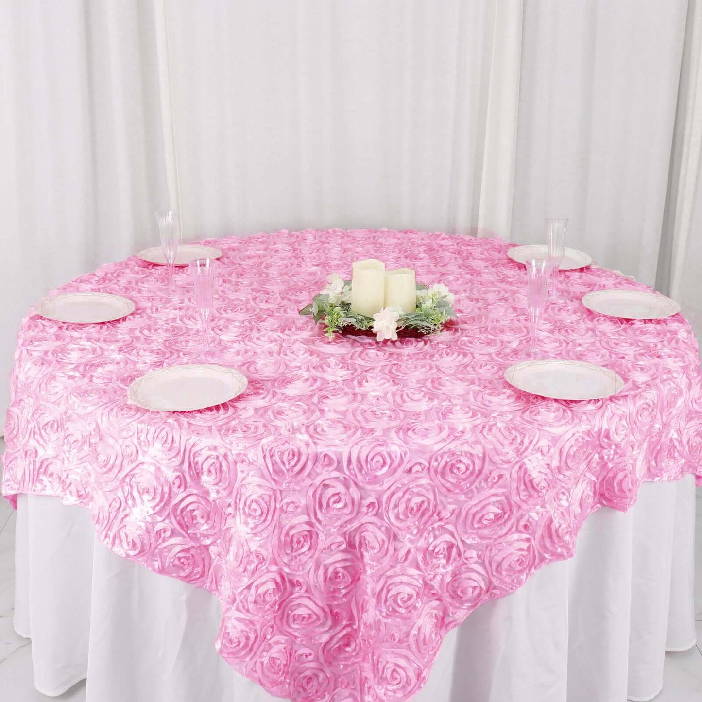 Satin 72"x72" Table Overlay Square Tablecloth Pink - 3D Rosette Table Cover - NestOCart
