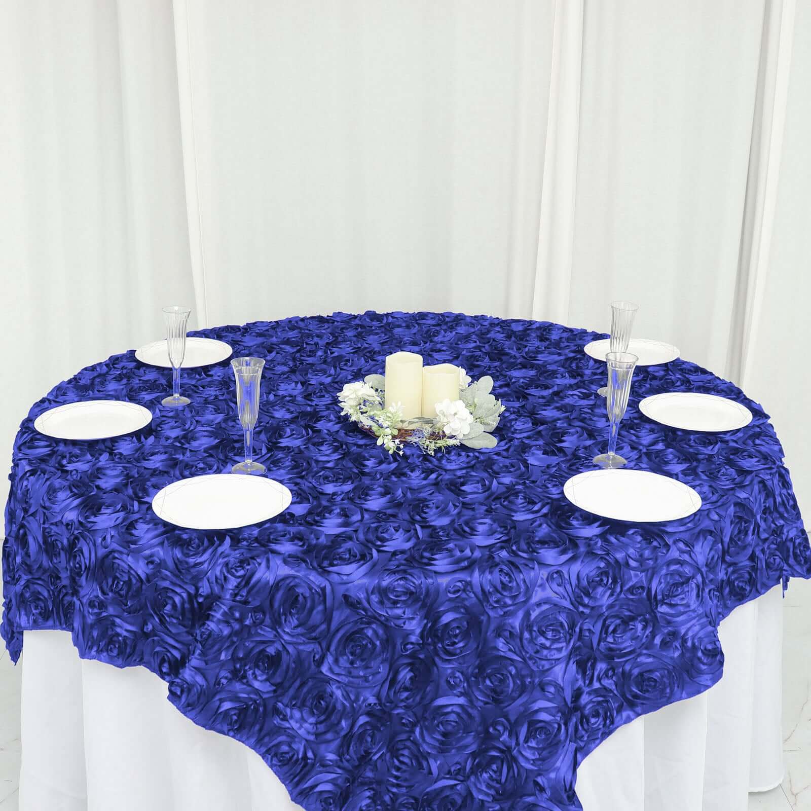Satin 72"x72" Table Overlay Square Tablecloth Royal Blue - 3D Rosette Table Cover - NestOCart
