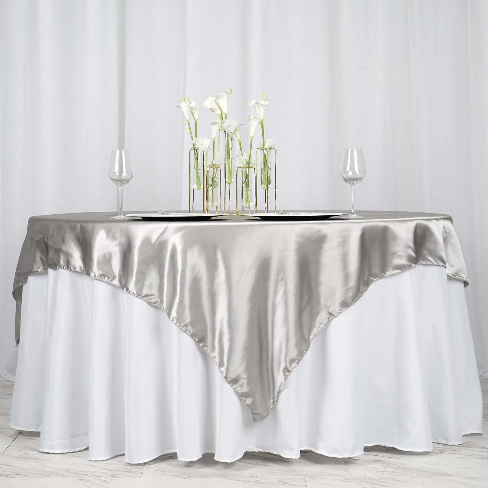 Satin 72"x72" Table Overlay Square Tablecloth Silver - Smooth Finish Table Cover - NestOCart