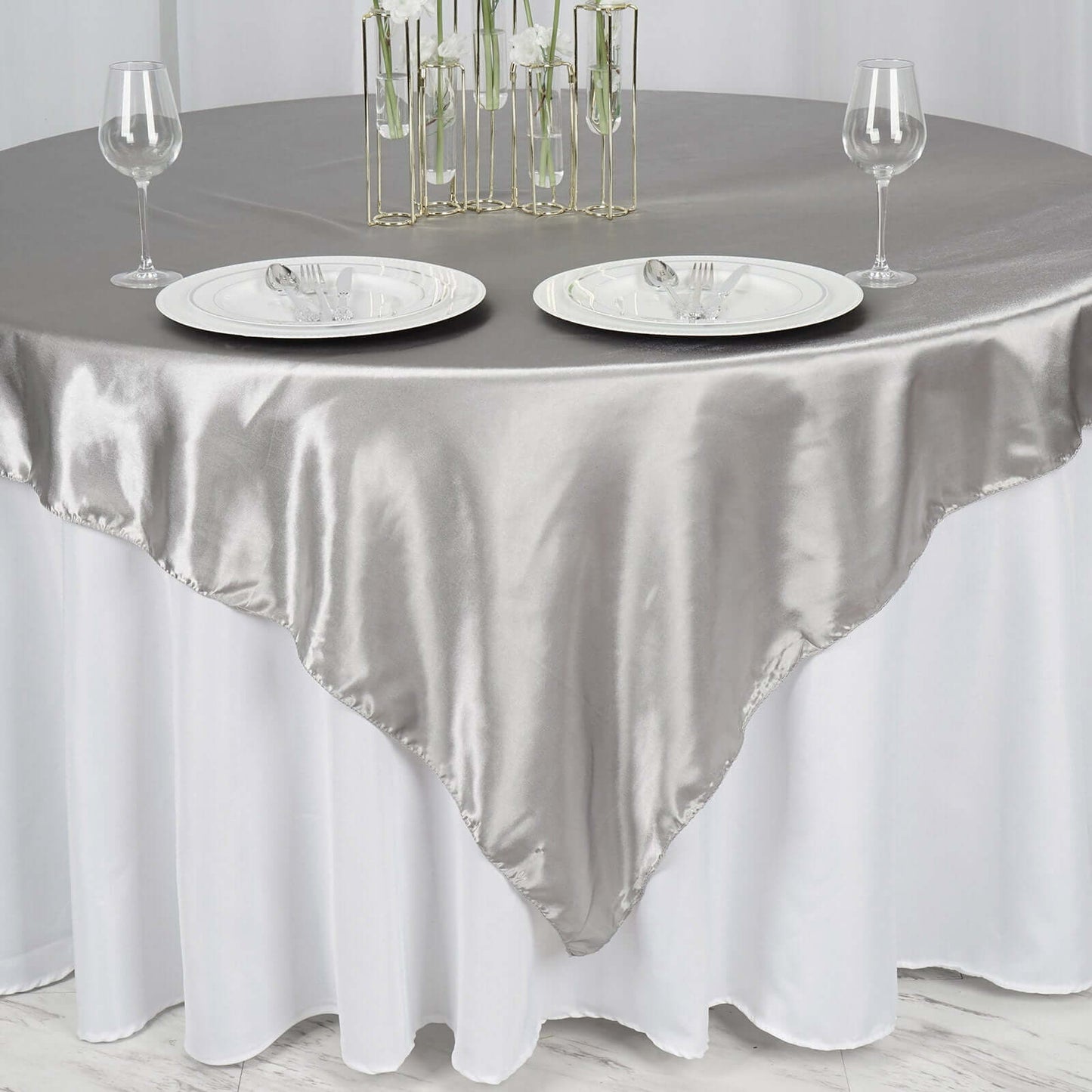 Satin 72"x72" Table Overlay Square Tablecloth Silver - Smooth Finish Table Cover - NestOCart