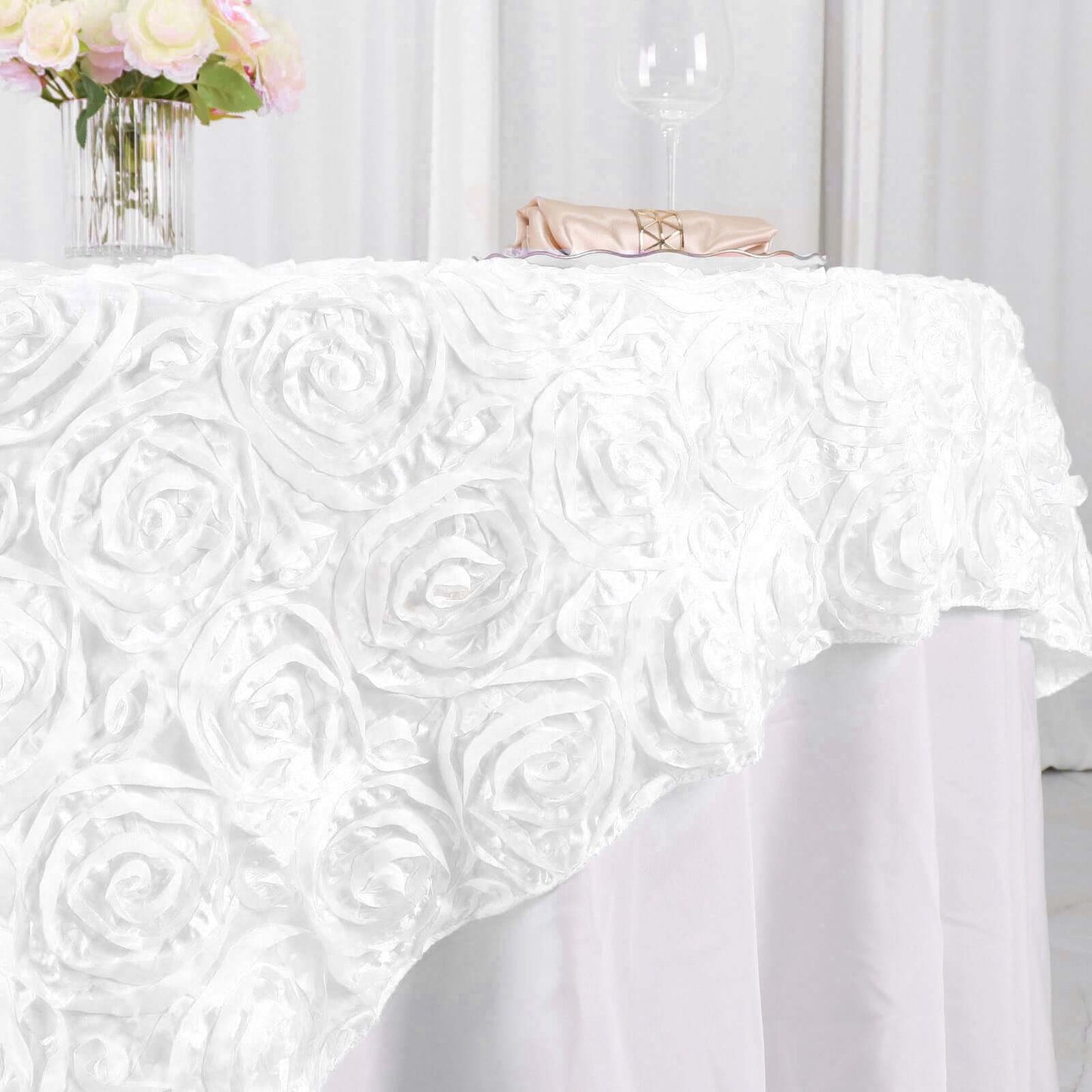 Satin 72"x72" Table Overlay Square Tablecloth White - 3D Rosette Design for Stylish Occasions - NestOCart