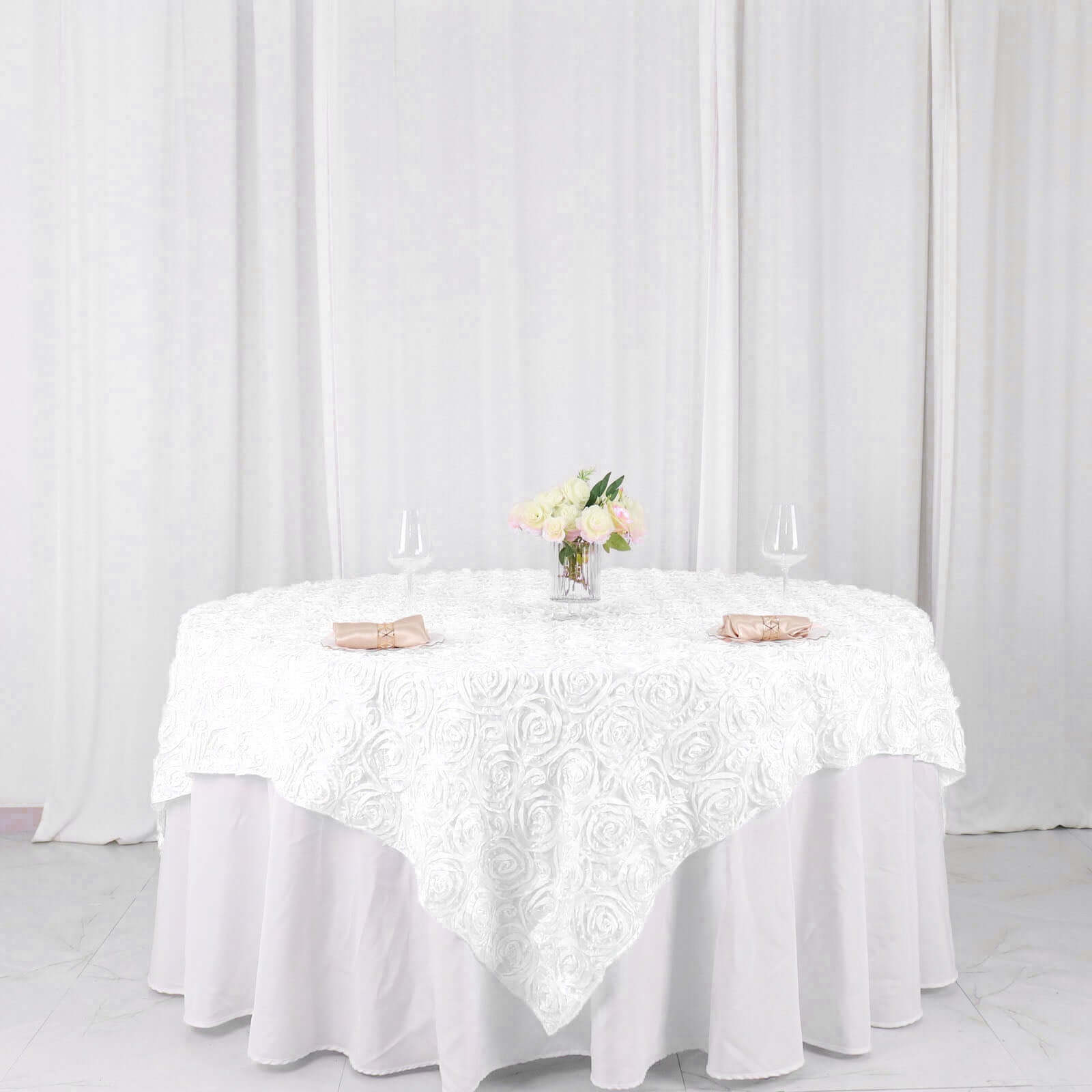 Satin 72"x72" Table Overlay Square Tablecloth White - 3D Rosette Design for Stylish Occasions - NestOCart