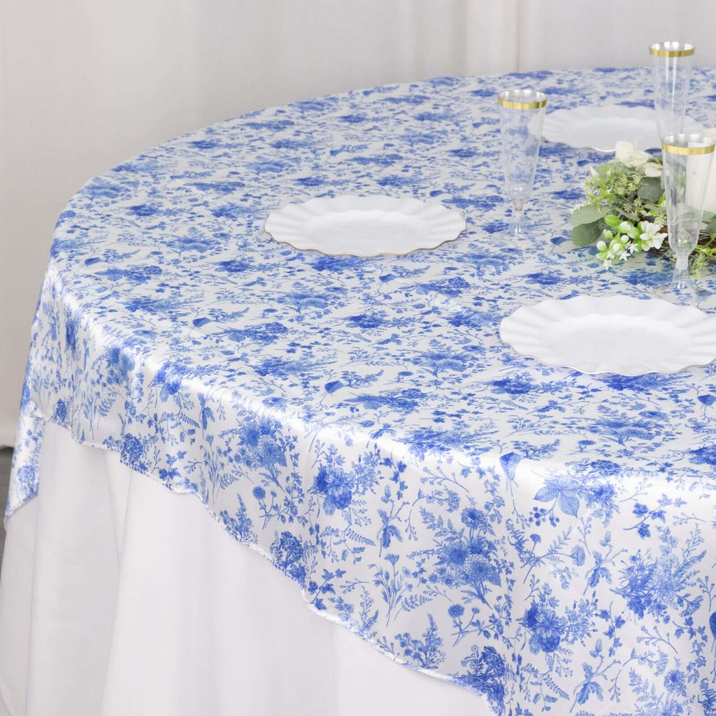 Satin 72"x72" Table Overlay Square Tablecloth White Blue - French Toile Floral Design for Stylish Celebrations - Bell Racket Store