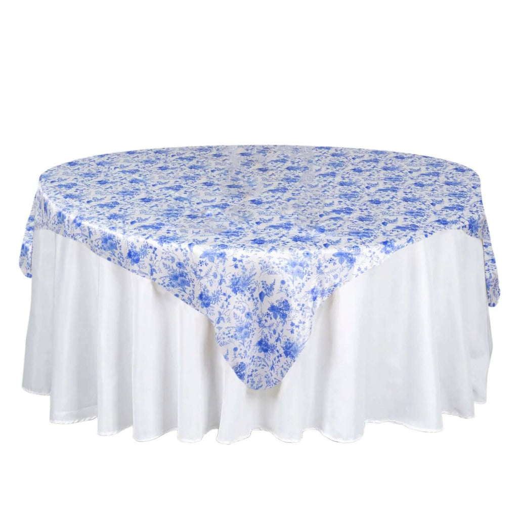 Satin 72"x72" Table Overlay Square Tablecloth White Blue - French Toile Floral Design for Stylish Celebrations - Bell Racket Store