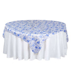 Satin 72"x72" Table Overlay Square Tablecloth White Blue - French Toile Floral Design for Stylish Celebrations - Bell Racket Store