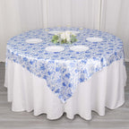 Satin 72"x72" Table Overlay Square Tablecloth White Blue - French Toile Floral Design for Stylish Celebrations - Bell Racket Store