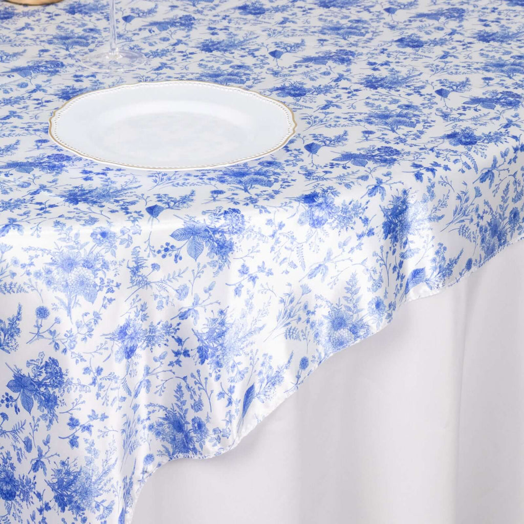 Satin 72"x72" Table Overlay Square Tablecloth White Blue - French Toile Floral Design for Stylish Celebrations - Bell Racket Store