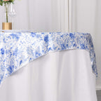 Satin 72"x72" Table Overlay Square Tablecloth White Blue - French Toile Floral Design for Stylish Celebrations - Bell Racket Store