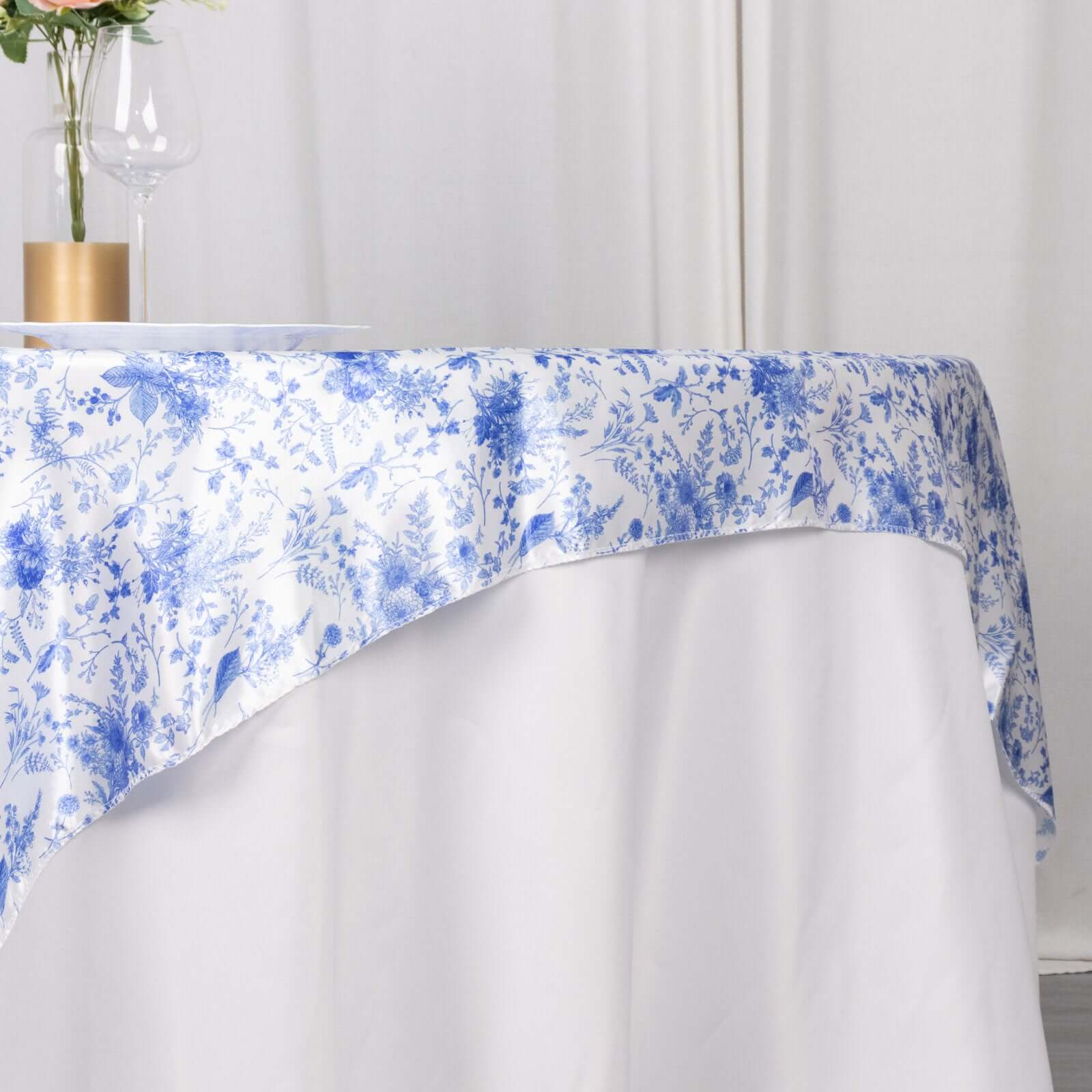 Satin 72"x72" Table Overlay Square Tablecloth White Blue - French Toile Floral Design for Stylish Celebrations - Bell Racket Store