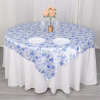 Satin 72"x72" Table Overlay Square Tablecloth White Blue - French Toile Floral Design for Stylish Celebrations - Bell Racket Store
