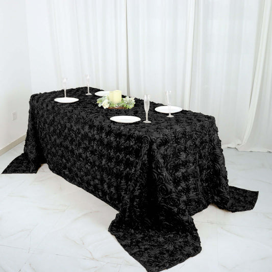 Satin 90"x132" Rectangle Tablecloth Black - Grandiose 3D Rosette Design with Seamless Finish for Graceful Gatherings - NestOCart