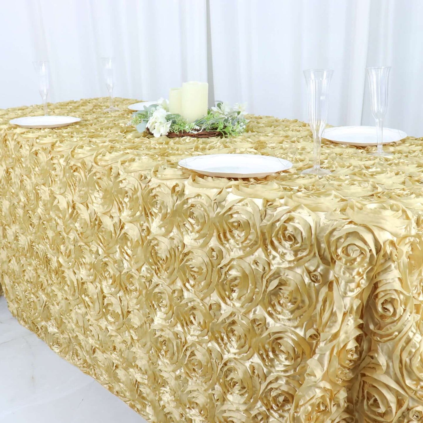 Satin 90"x132" Rectangle Tablecloth Champagne - Grandiose 3D Rosette Seamless Table Cover - NestOCart