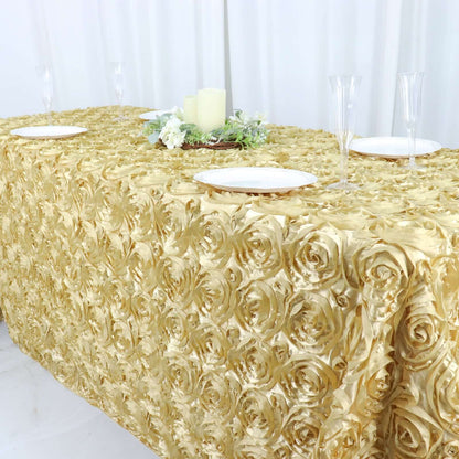 Satin 90"x132" Rectangle Tablecloth Champagne - Grandiose 3D Rosette Seamless Table Cover - NestOCart