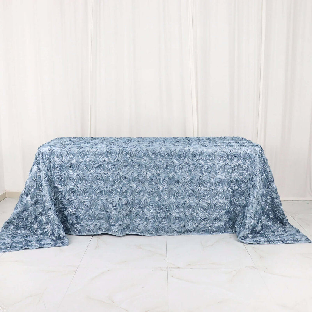 Satin 90"x132" Rectangle Tablecloth Dusty Blue - Grandiose 3D Rosette Seamless Table Cover - Bell Racket Store