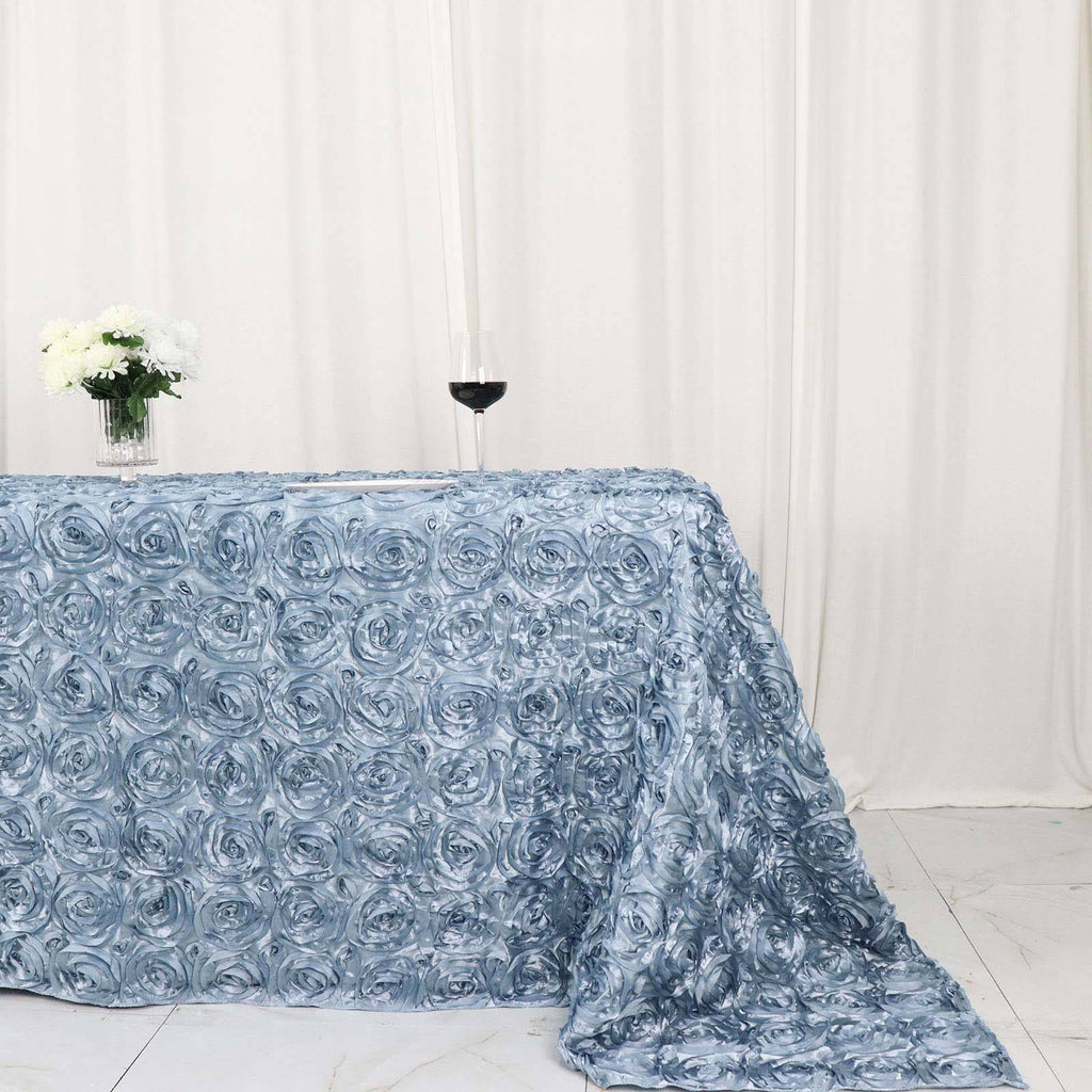 Satin 90"x132" Rectangle Tablecloth Dusty Blue - Grandiose 3D Rosette Seamless Table Cover - Bell Racket Store