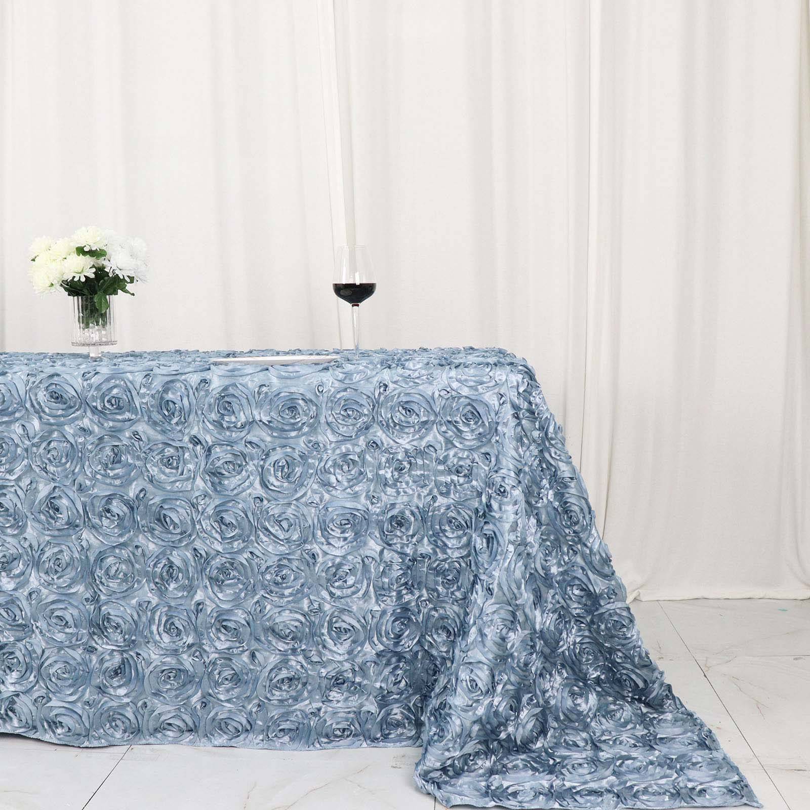 Satin 90"x132" Rectangle Tablecloth Dusty Blue - Grandiose 3D Rosette Seamless Table Cover - Bell Racket Store